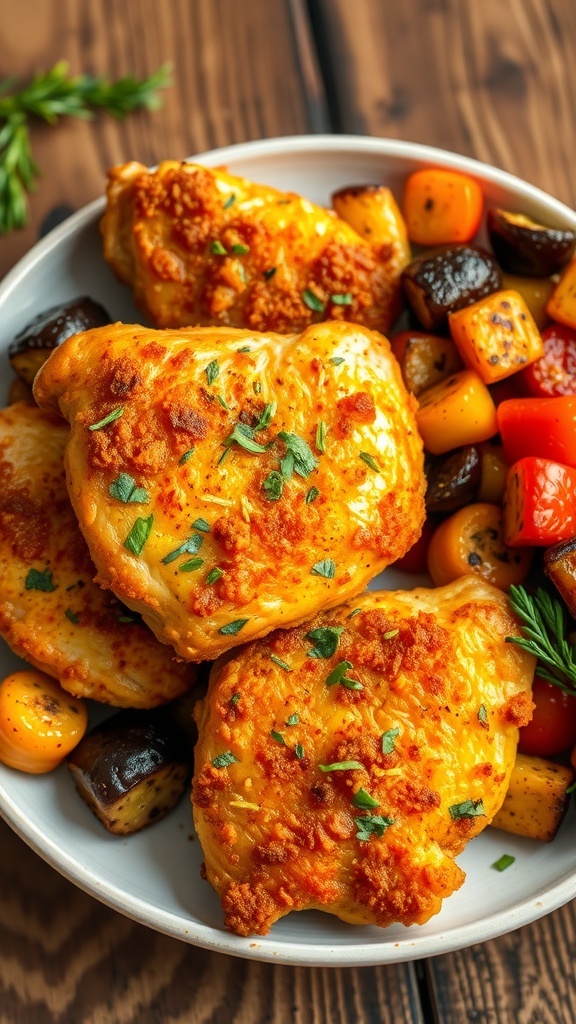 Crispy air fryer chicken served with roasted vegetables on a rustic wooden table.